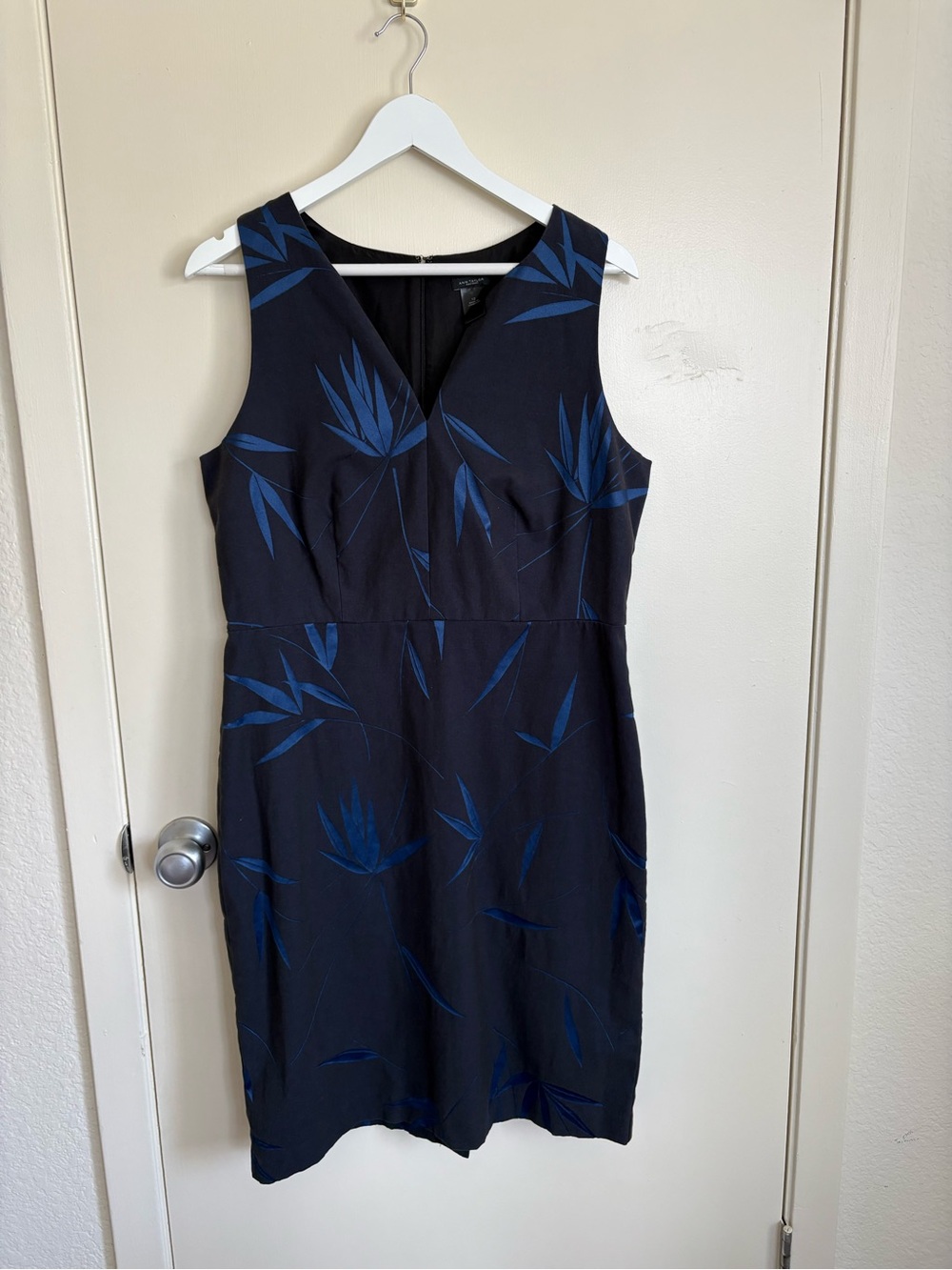 Ann Taylor Navy Sheath Dress with Blue Leaf Print